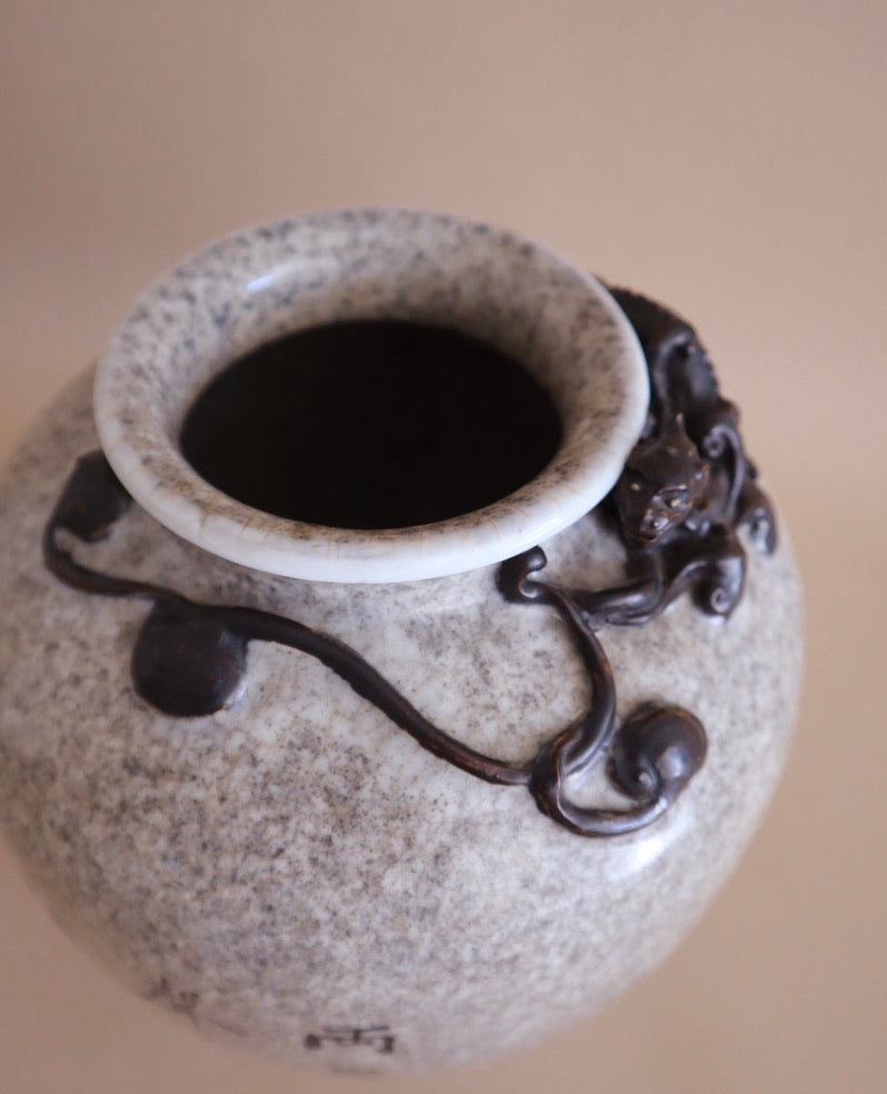 Antique Hand-Painted Monkey & Relief Tianlong Dragon Urn