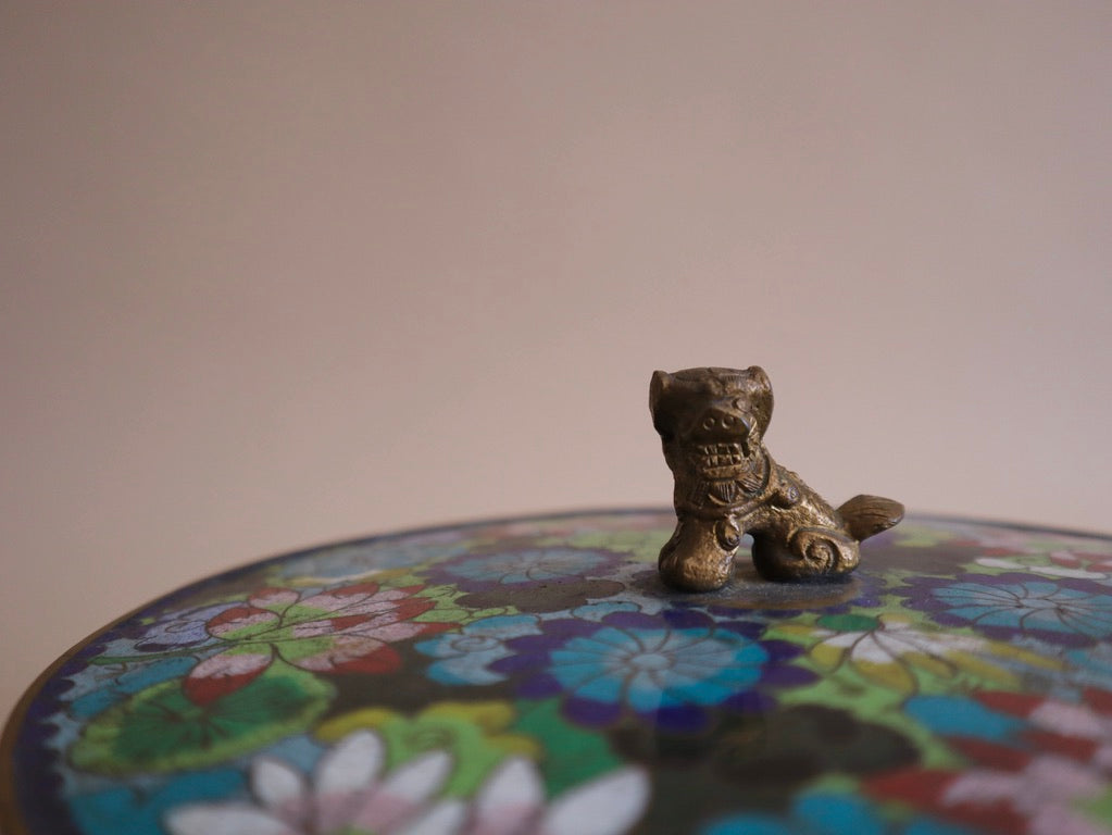 Antique Cloisonné Round Lidded Box With Foo Dog Finial