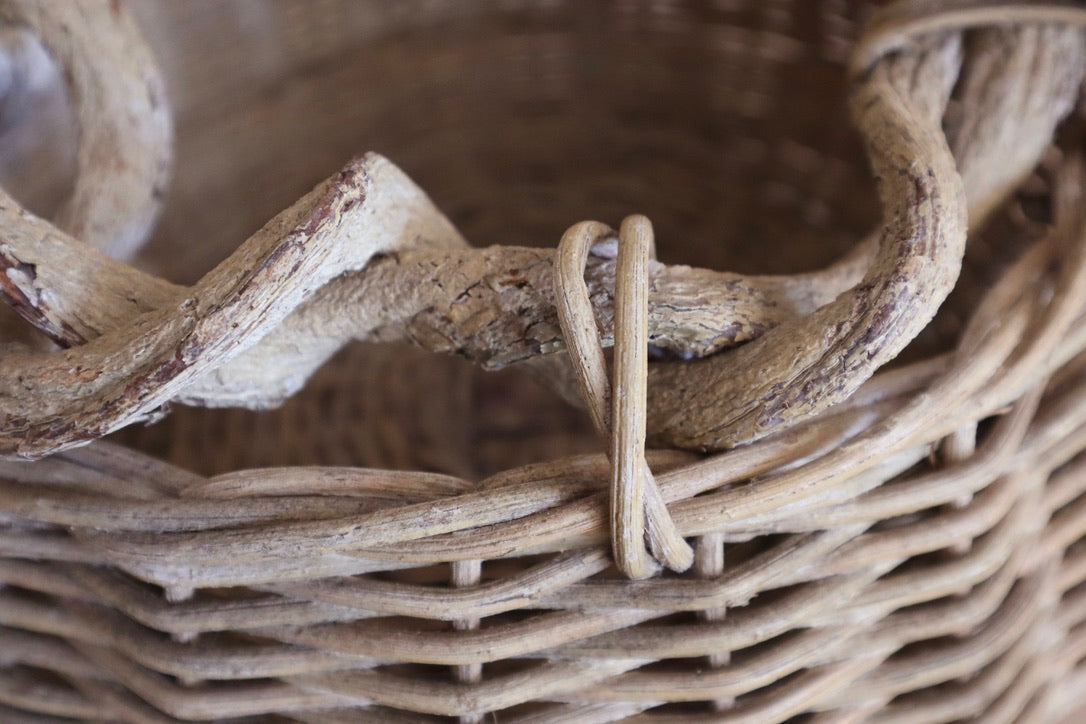 1970s Vintage Rustic Vine Handle Woven Basket