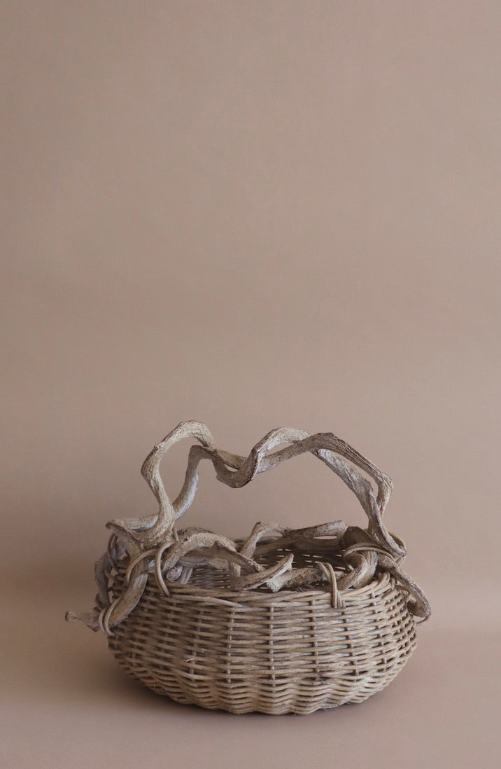 1970s Vintage Rustic Vine Handle Woven Basket