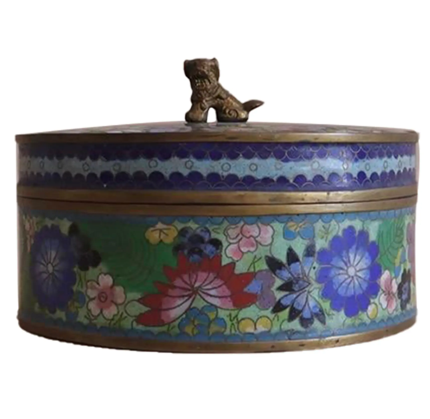 Antique Cloisonné Round Lidded Box With Foo Dog Finial