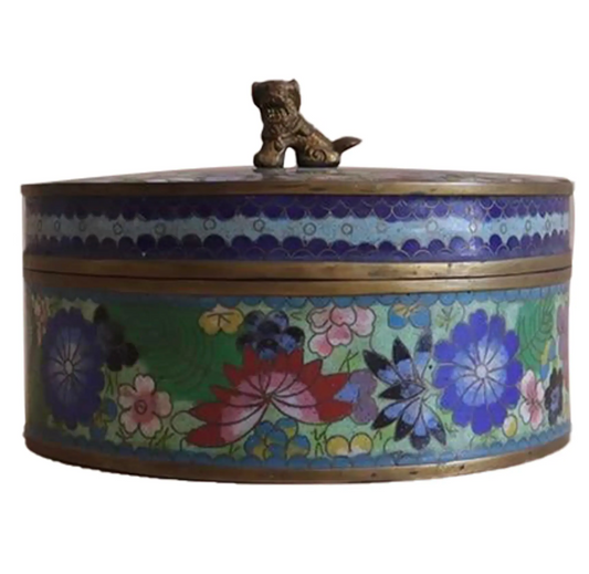 Antique Cloisonné Round Lidded Box With Foo Dog Finial