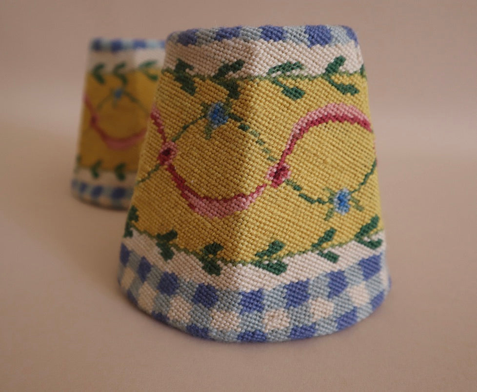 Pair 1990s French Country Mini Needlepoint Lamp Shades