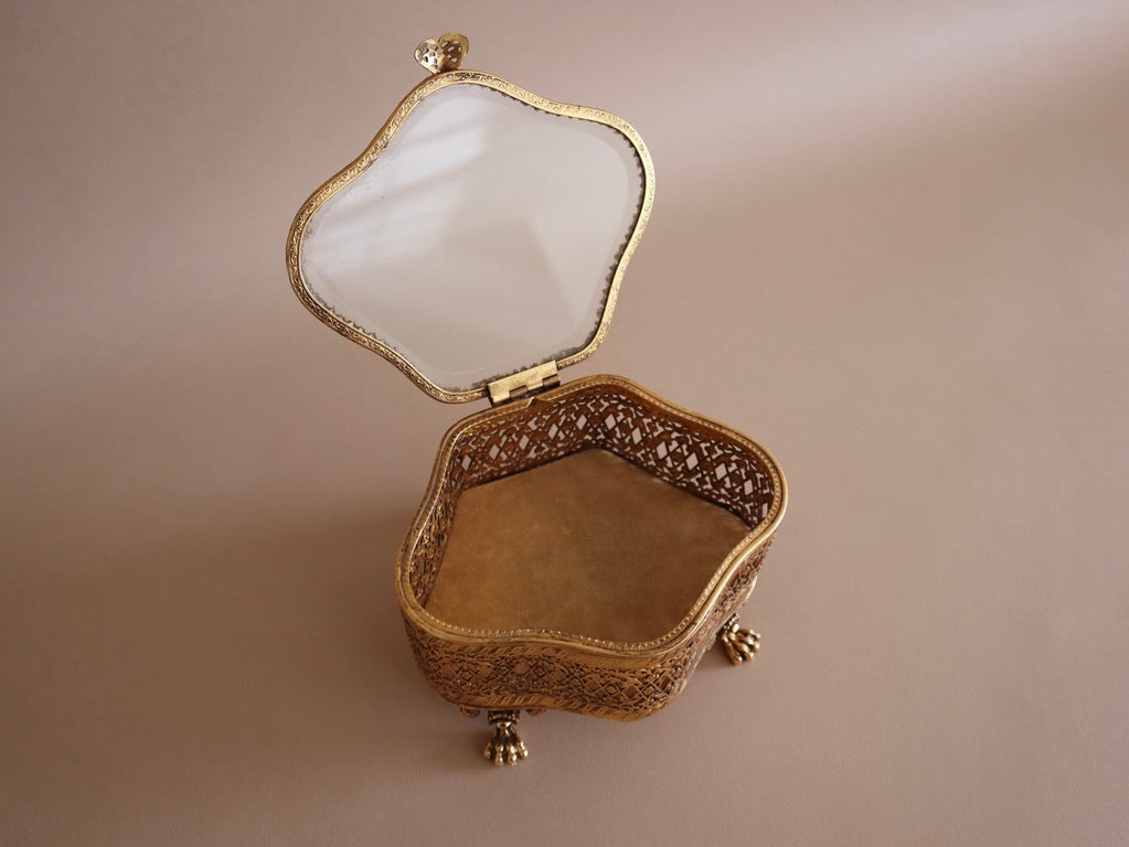 Vintage Gold Filigree & Beveled Glass Vanity Box