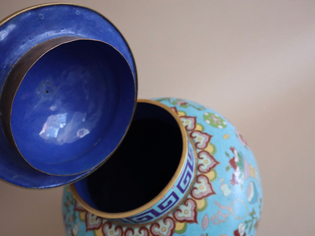 Pair of XL Antique Lidded Cloisonné Ginger Jars