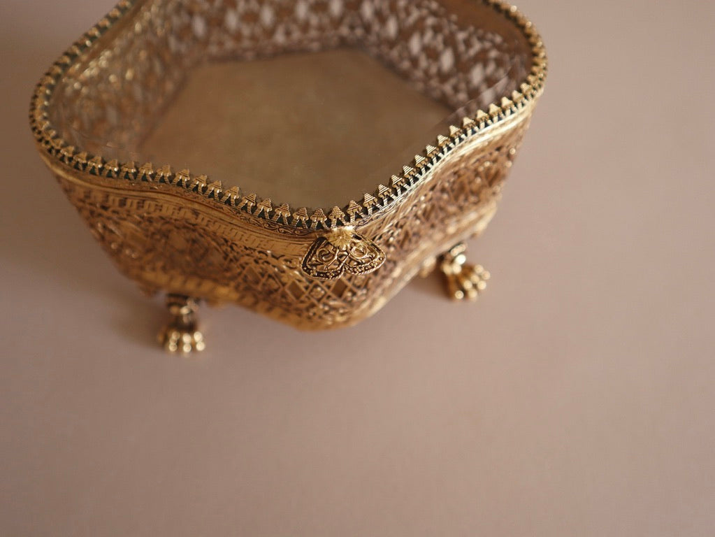 Vintage Gold Filigree & Beveled Glass Vanity Box