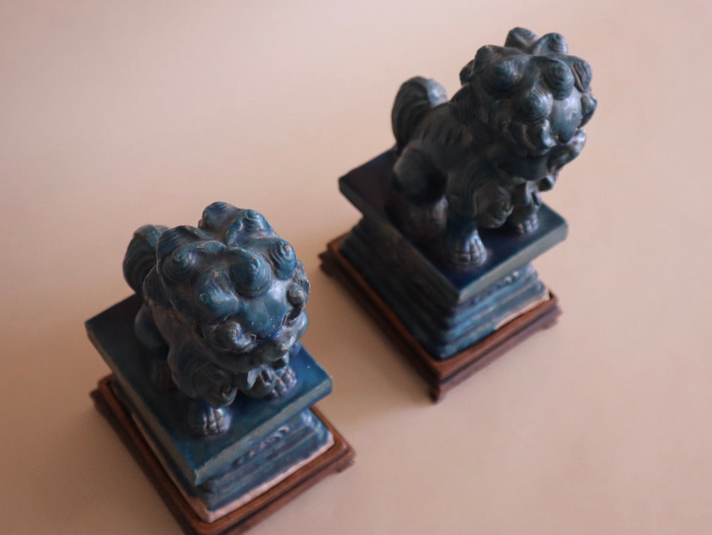 Early 1900s Pair of Antique Teal Glaze Chinese Foo Dogs