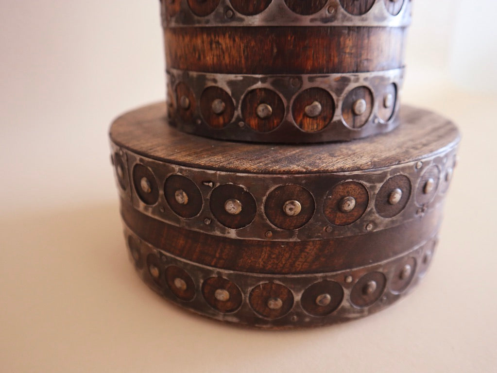 Large 1970's Metal-Banded Wooden Candle Holder