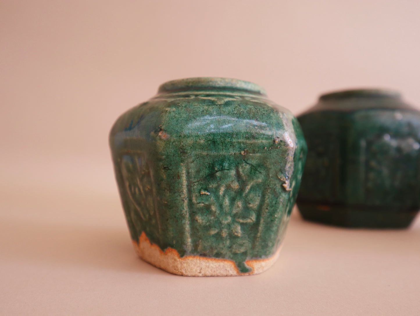 Trio of Antique Green Chinese Vases