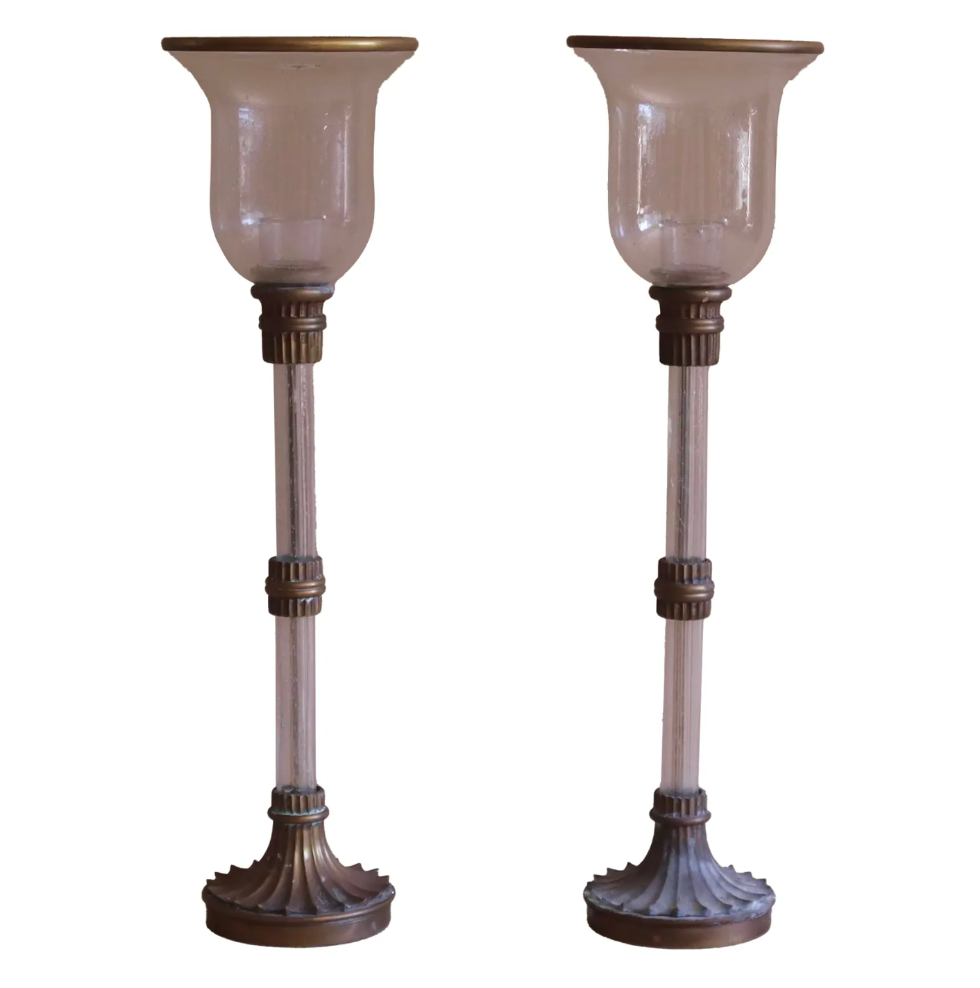 Pair of 1980s Chapman Manufacturing Company Seeded Glass and Brass Candleholders