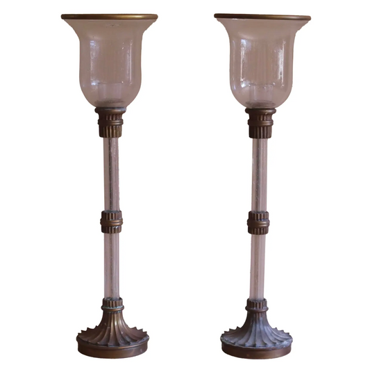 Pair of 1980s Chapman Manufacturing Company Seeded Glass and Brass Candleholders