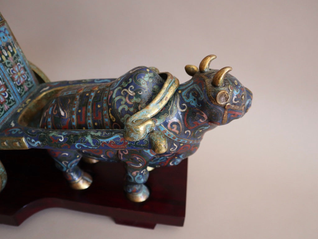 Early 1900s Antique Cloisonné Ox Pulling Cart on Wood Stand