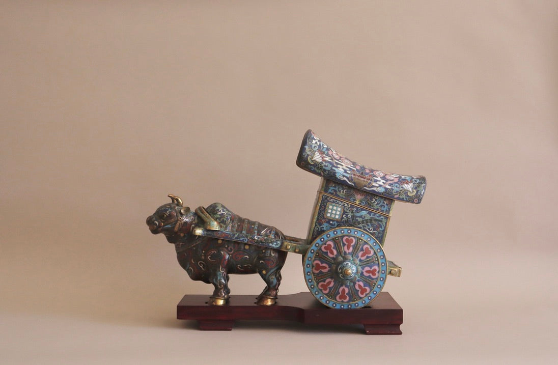 Early 1900s Antique Cloisonné Ox Pulling Cart on Wood Stand
