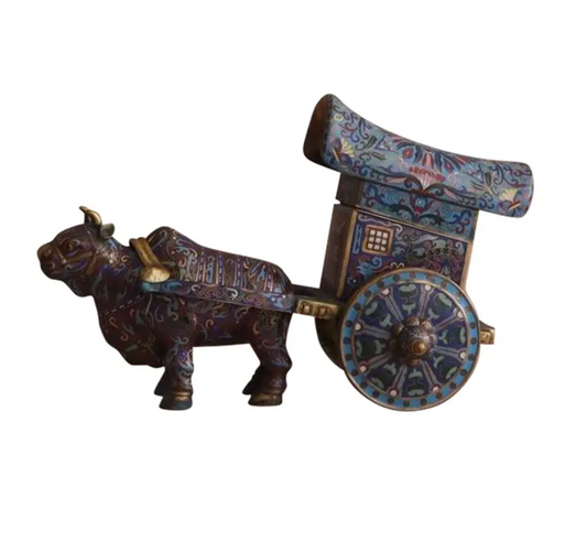 Early 1900s Antique Cloisonné Ox Pulling Cart