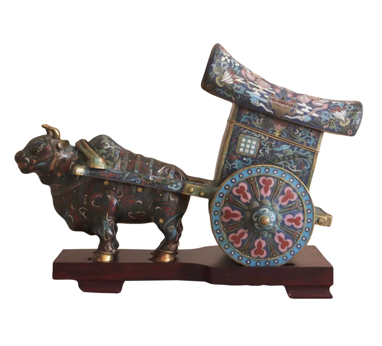 Early 1900s Antique Cloisonné Ox Pulling Cart on Wood Stand