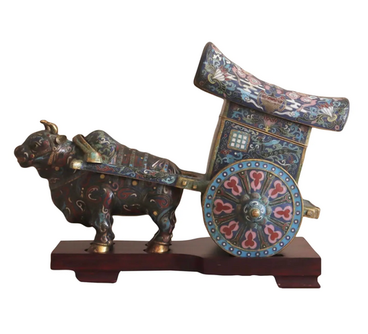 Early 1900s Antique Cloisonné Ox Pulling Cart on Wood Stand