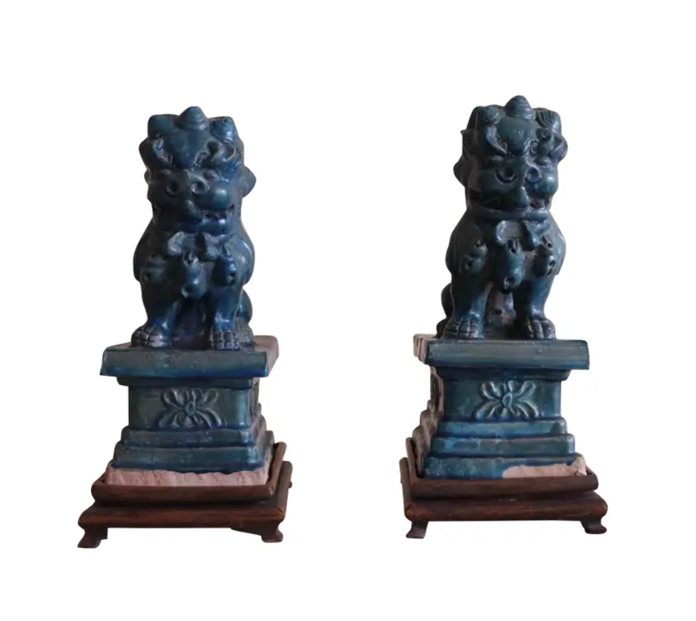 Early 1900s Pair of Antique Teal Glaze Chinese Foo Dogs