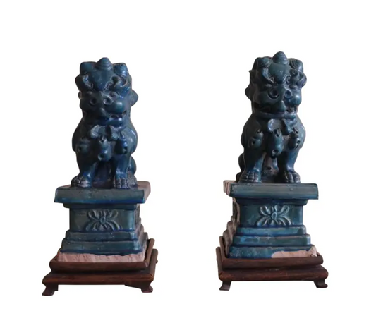 Early 1900s Pair of Antique Teal Glaze Chinese Foo Dogs