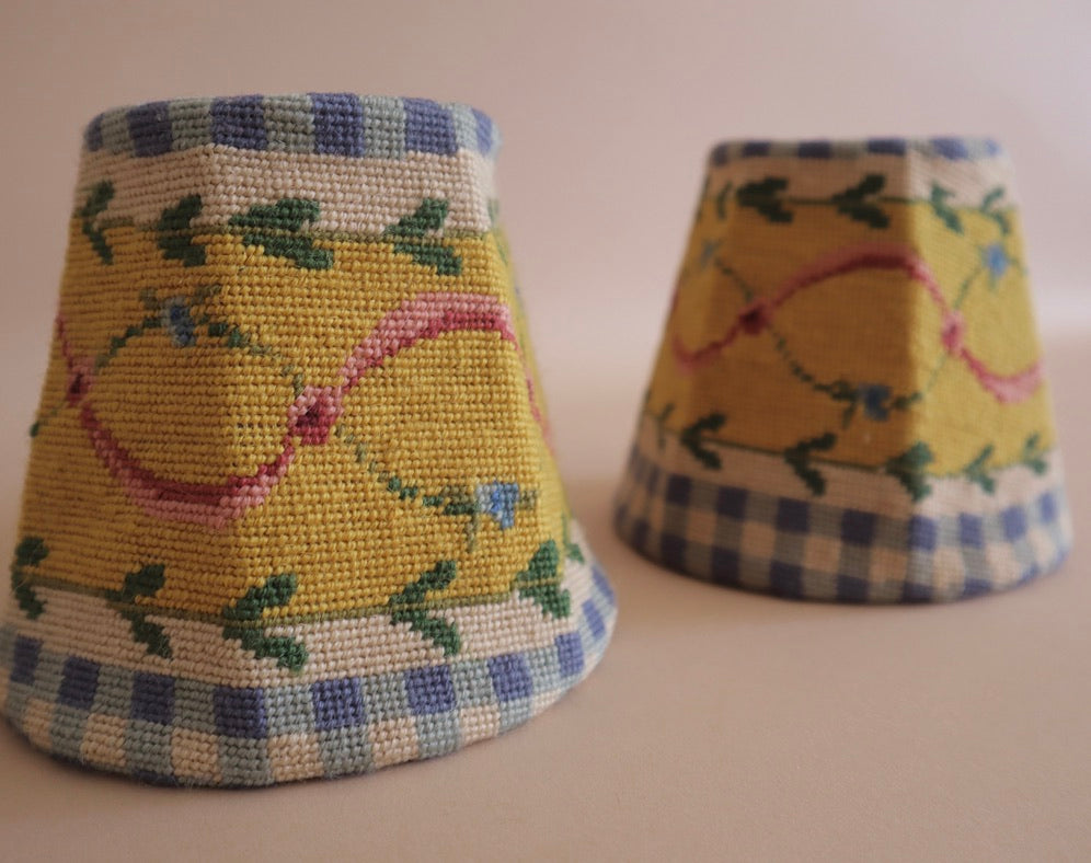 Pair 1990s French Country Mini Needlepoint Lamp Shades