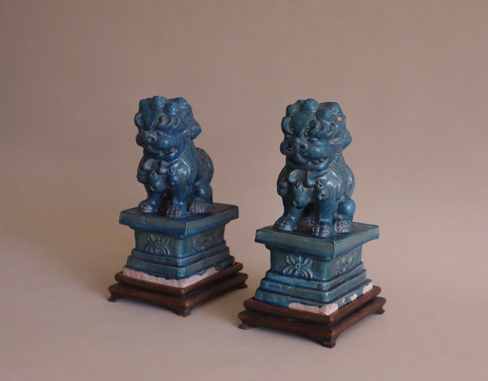 Early 1900s Pair of Antique Teal Glaze Chinese Foo Dogs