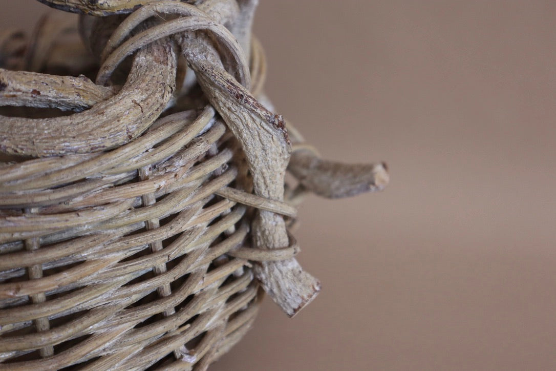 1970s Vintage Rustic Vine Handle Woven Basket