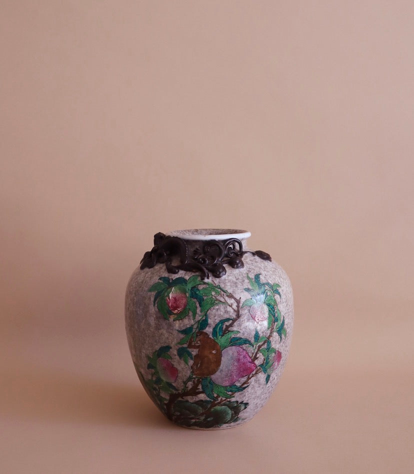 Antique Hand-Painted Monkey & Relief Tianlong Dragon Urn