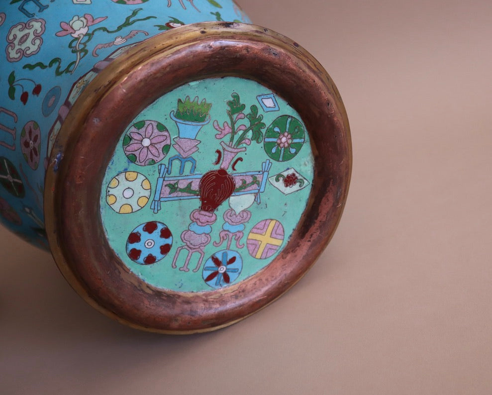 Pair of XL Antique Lidded Cloisonné Ginger Jars