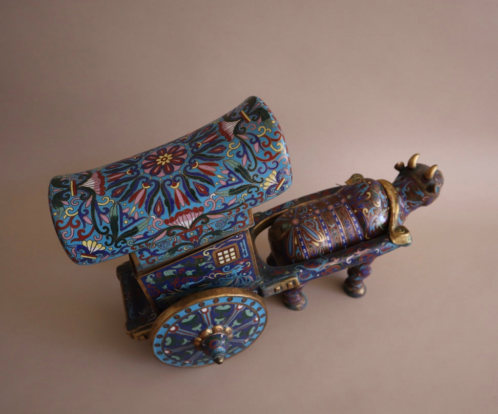 Early 1900s Antique Cloisonné Ox Pulling Cart
