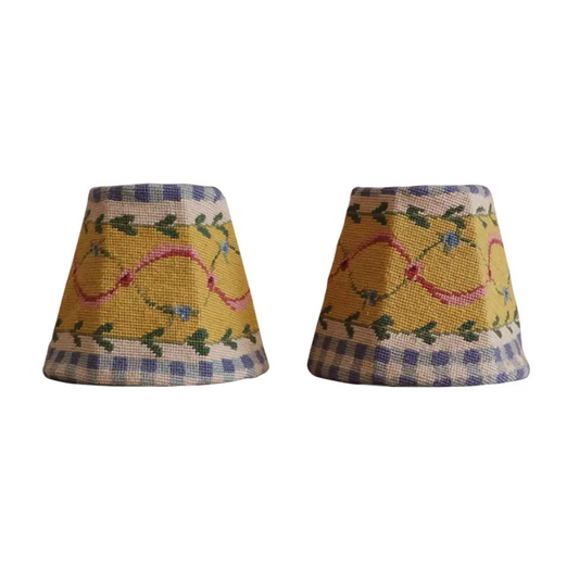 Pair 1990s French Country Mini Needlepoint Lamp Shades
