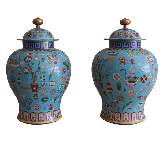 Pair of XL Antique Lidded Cloisonné Ginger Jars