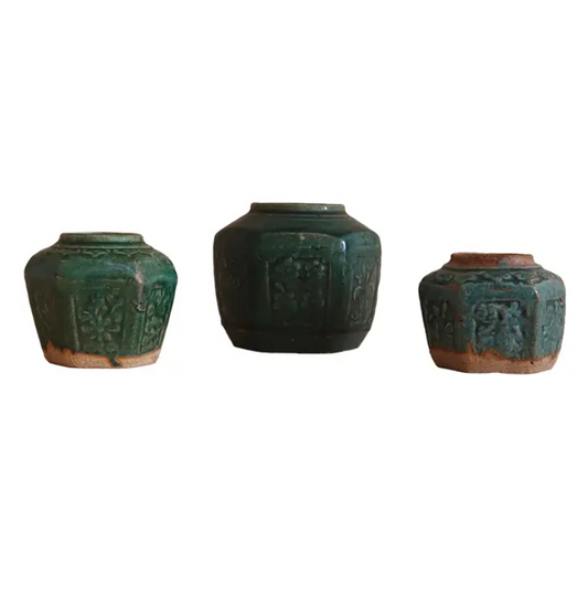 Trio of Antique Green Chinese Vases
